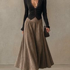 Vera | Lace-Trimmed Top and Faux Suede Maxi Skirt Set