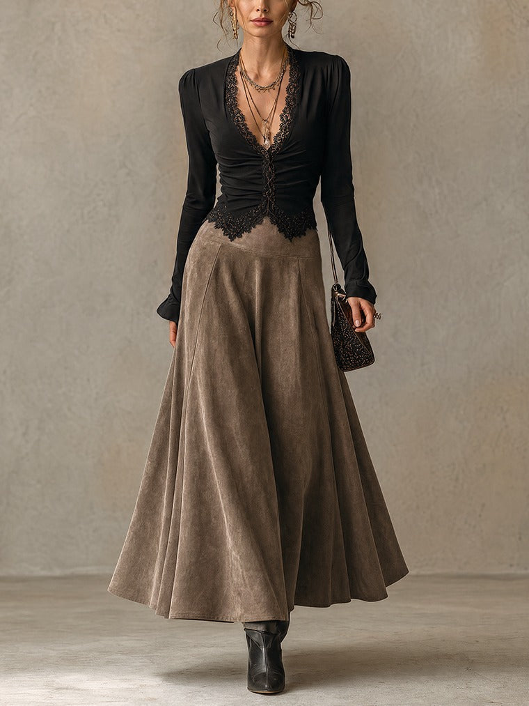 Vera | Lace-Trimmed Top and Faux Suede Maxi Skirt Set