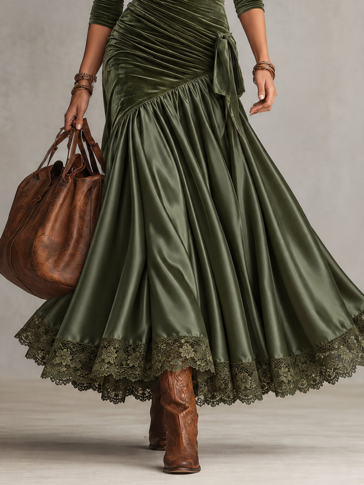 Antonella | Velvet and Satin Maxi Dress with Lace Hem
