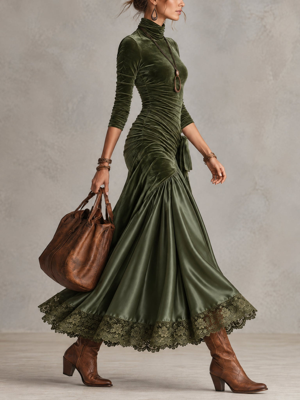 Antonella | Velvet and Satin Maxi Dress with Lace Hem