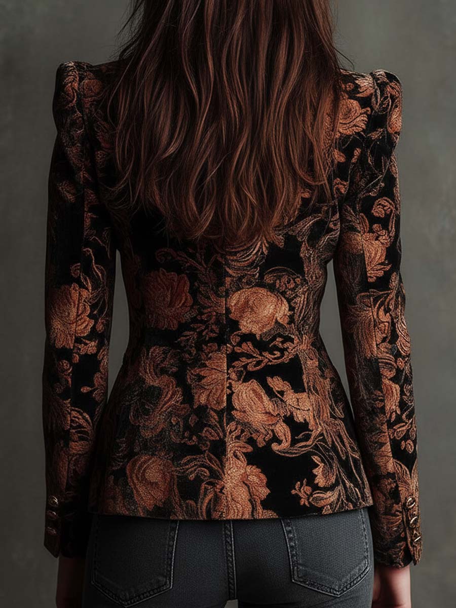 Bertilla | Printed Black and Bronze Floral Blazer