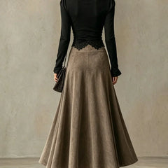 Vera | Lace-Trimmed Top and Faux Suede Maxi Skirt Set