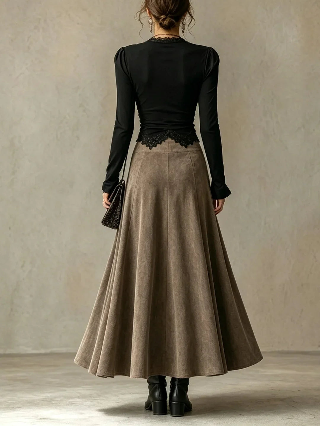 Vera | Lace-Trimmed Top and Faux Suede Maxi Skirt Set