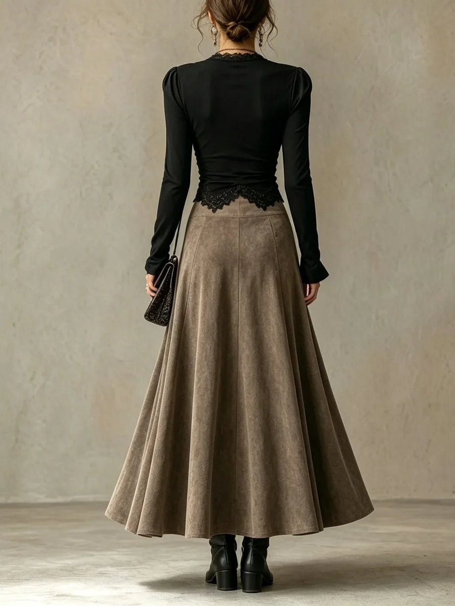 Vera | Lace-Trimmed Top and Faux Suede Maxi Skirt Set