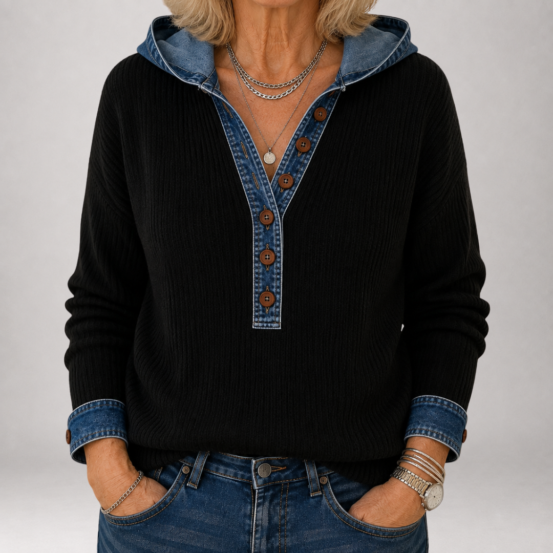 Winnow | Denim Trim Hooded Henley Jumper