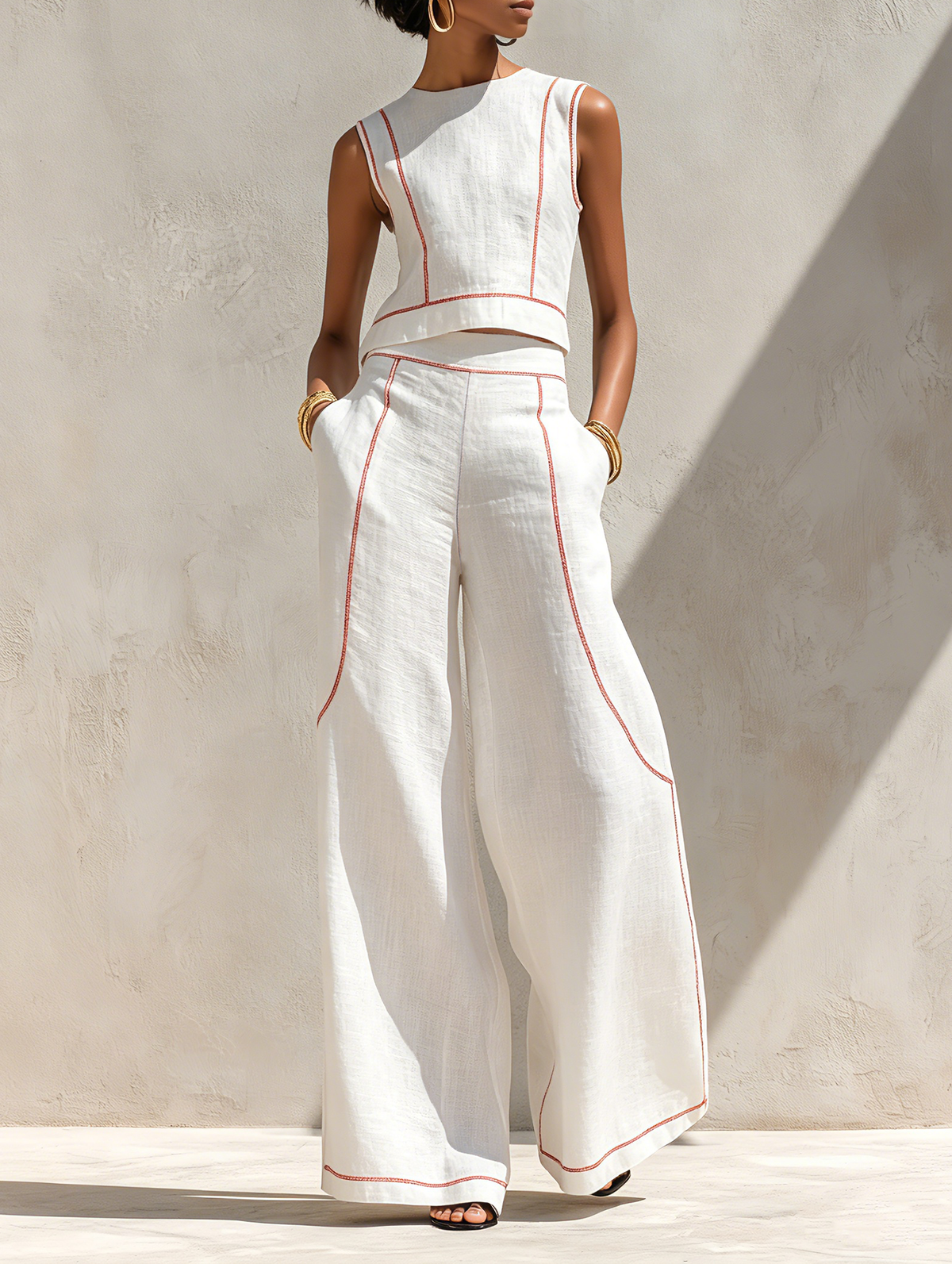Elegant Contrast-Stitched Pants Set