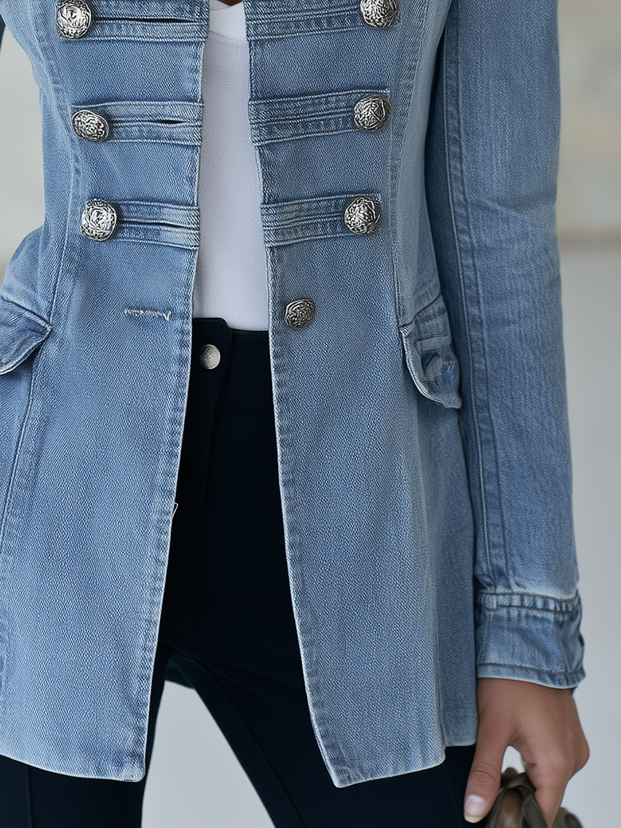 Emilie | Military Denim Jacket with Stand Collar