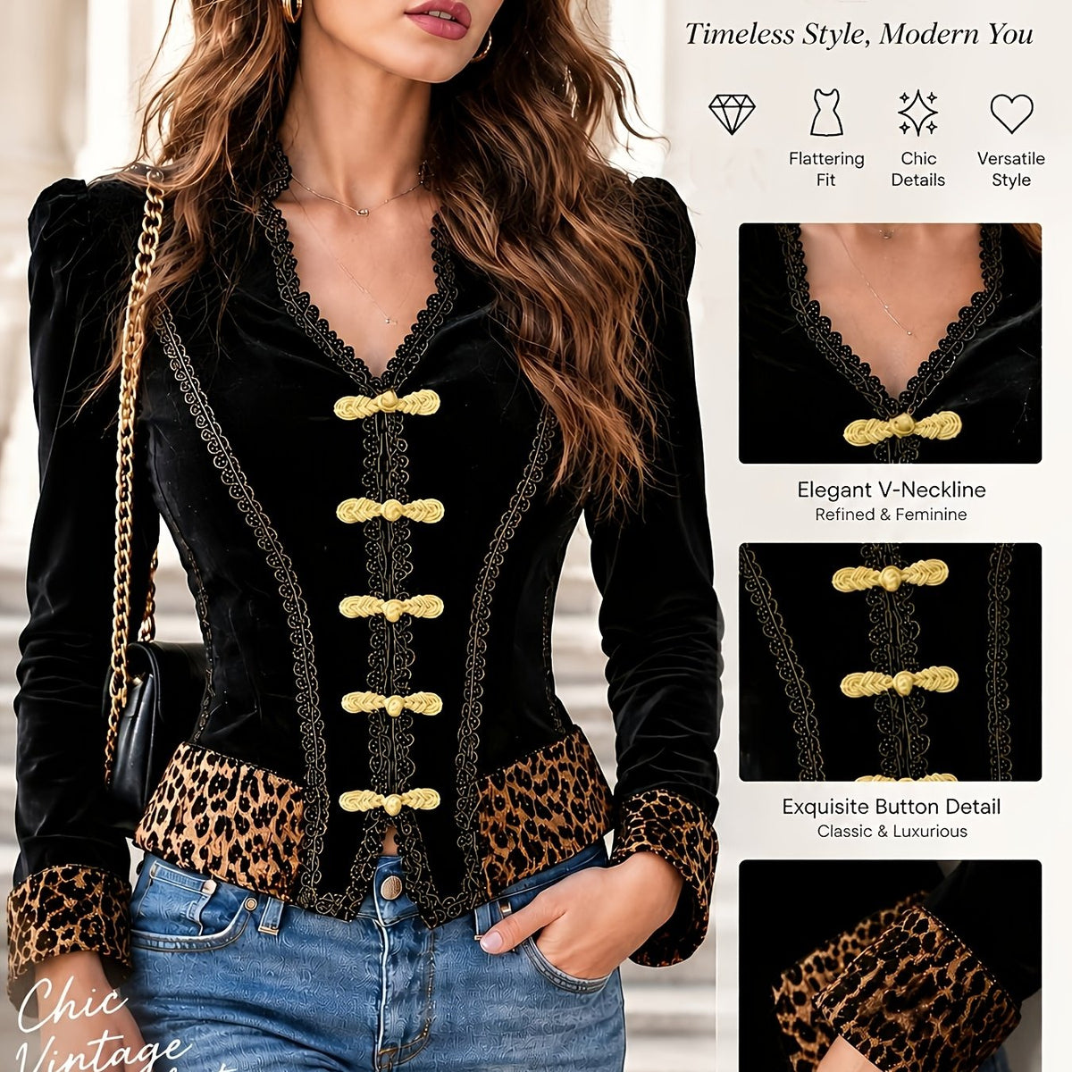 Dames Leopard Print Vintage Barok Zwart Velvet Militaire Pak Jas, Knoopsluiting Ontwerp, Geschikt voor Dagelijks Party Kleding YYTT