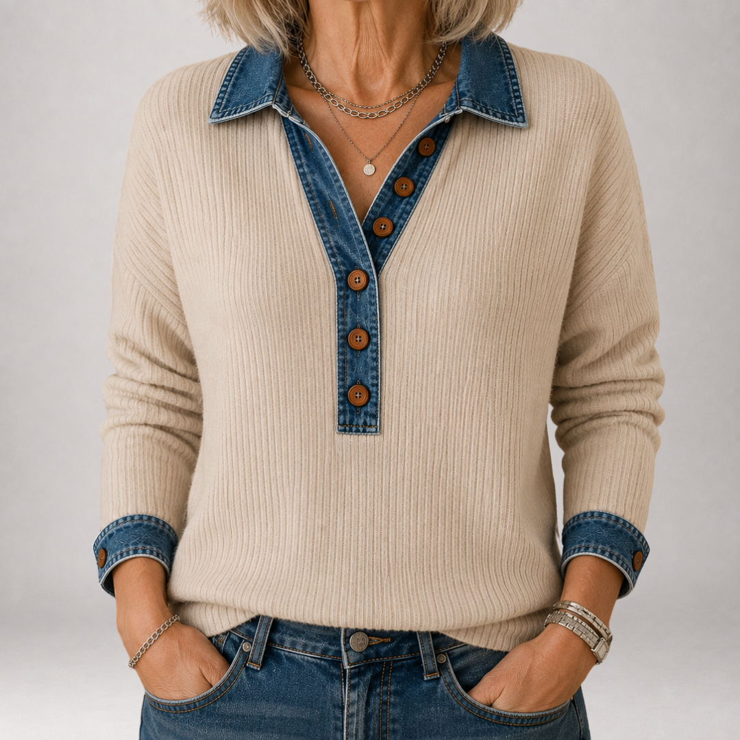 Clarisse | Denim Collar Ribbed Polo Jumper