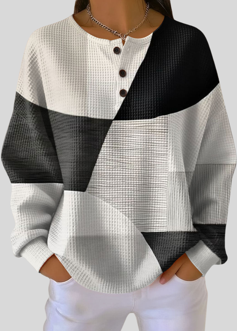 Isabella | Black and White Henley Sweatshirt