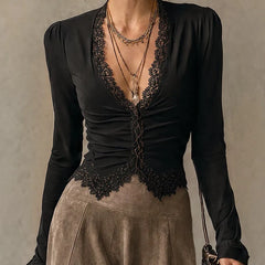 Vera | Lace-Trimmed Top and Faux Suede Maxi Skirt Set