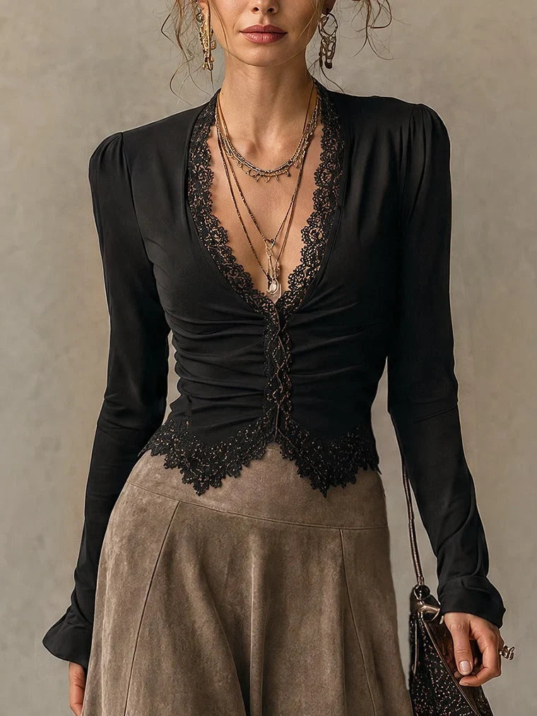 Vera | Lace-Trimmed Top and Faux Suede Maxi Skirt Set