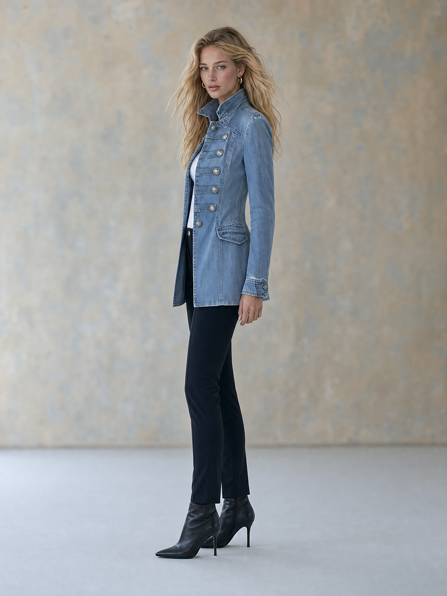 Emilie | Military Denim Jacket with Stand Collar