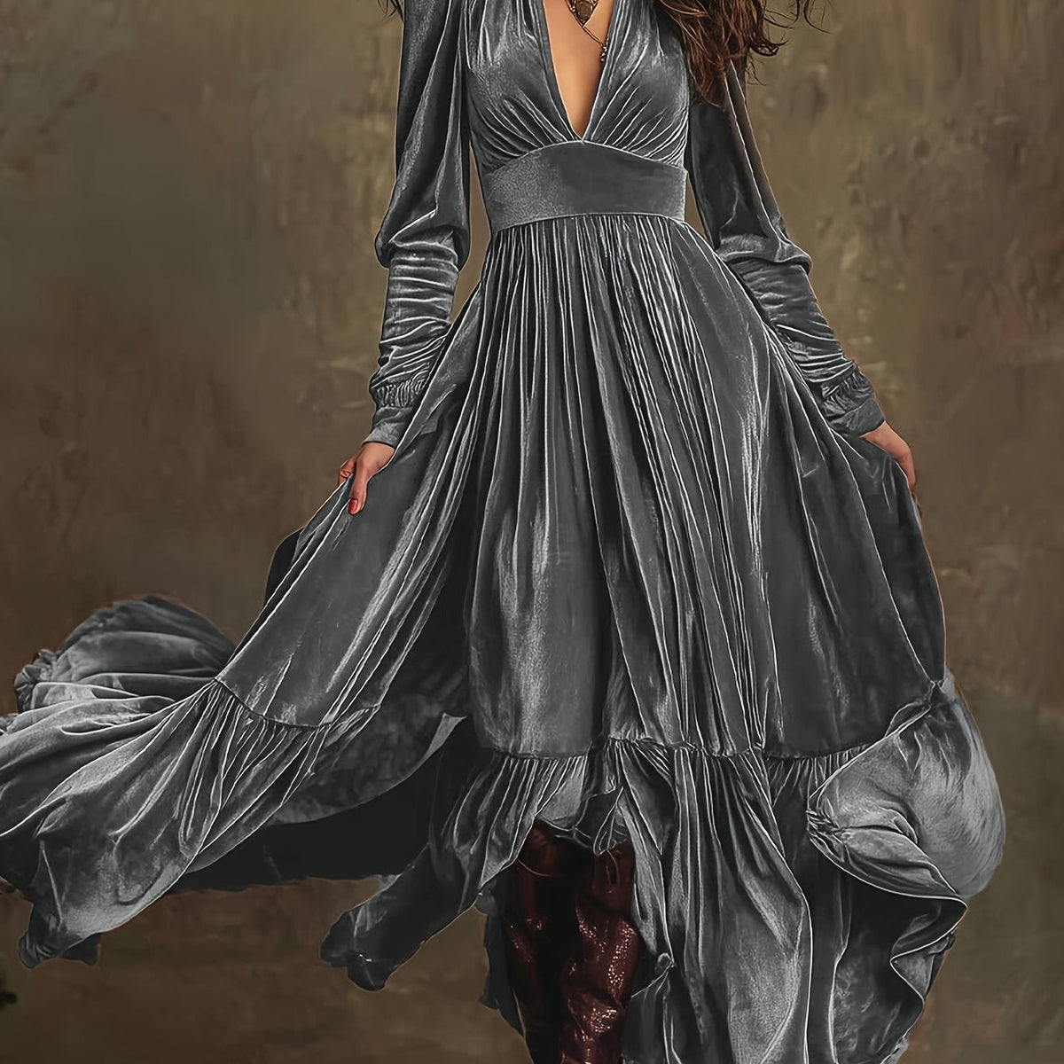 SERAFINA | RETRO OVERSIZED SKIRT LONG DRESS WITH DEEP V-NECK