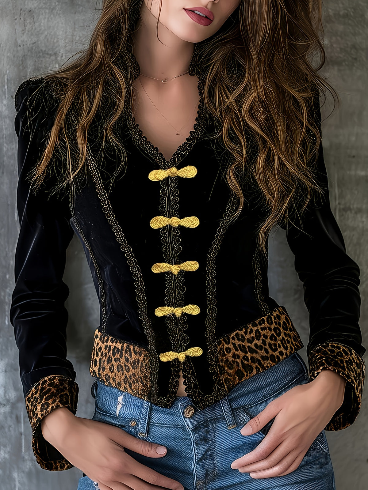 Dames Leopard Print Vintage Barok Zwart Velvet Militaire Pak Jas, Knoopsluiting Ontwerp, Geschikt voor Dagelijks Party Kleding YYTT
