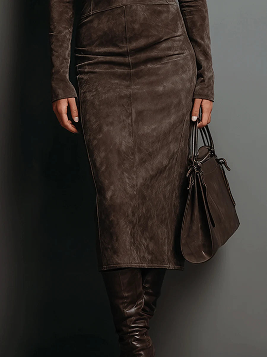 Ava | Faux Suede High-Neck Midi Dress