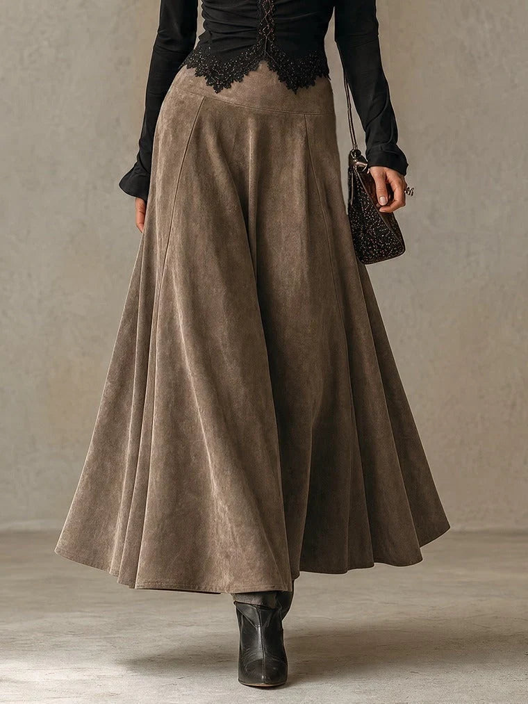Vera | Lace-Trimmed Top and Faux Suede Maxi Skirt Set