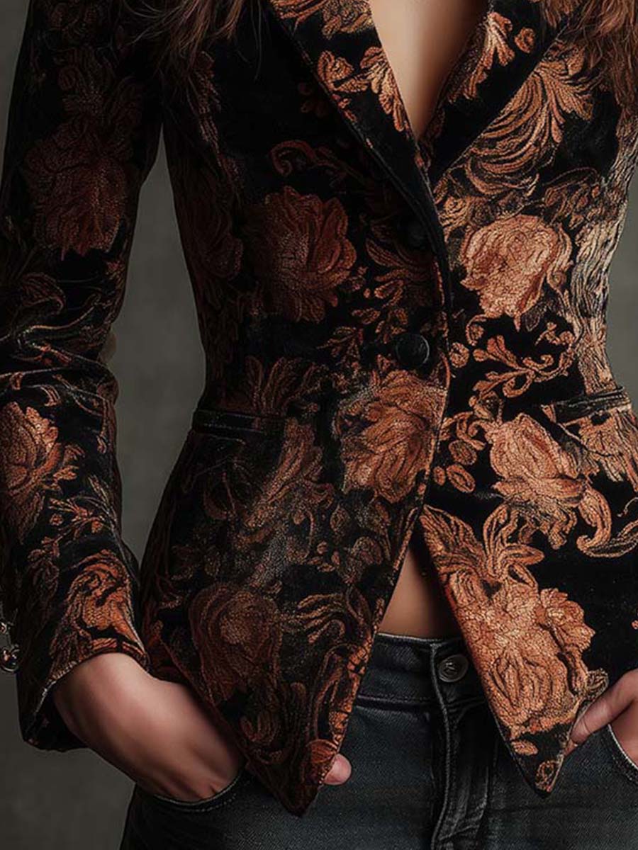 Bertilla | Printed Black and Bronze Floral Blazer