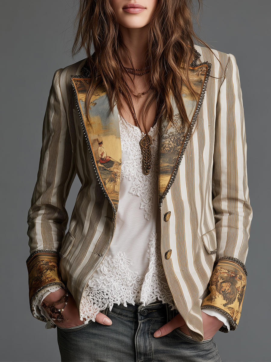 Susanna | Striped Bohemian Blazer with Printed Collar