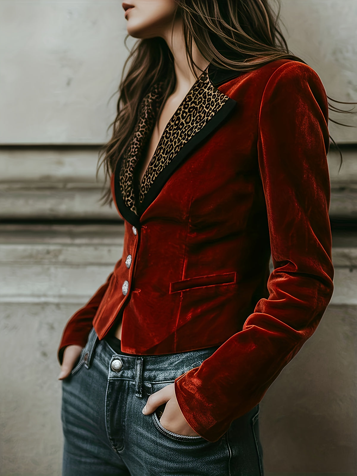 Stijlvolle korte blazer van rood fluweel met print van luipaardmotief op de revers - voor dames