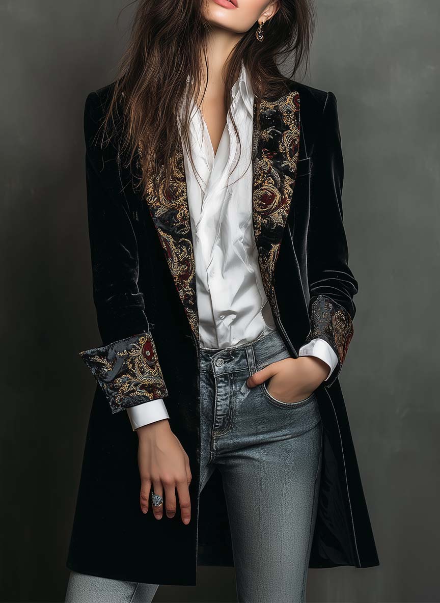 Leontina | Fitted Baroque Printed Blazer in Black