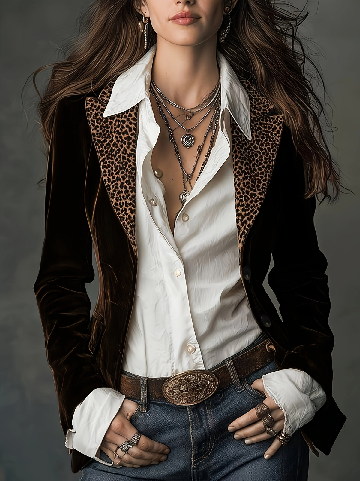Retro bruine fluwelen korte blazer, luipaardprint patchwork revers, slanke taille, Amerikaanse western stijl fluwelen blouse top Yytt
