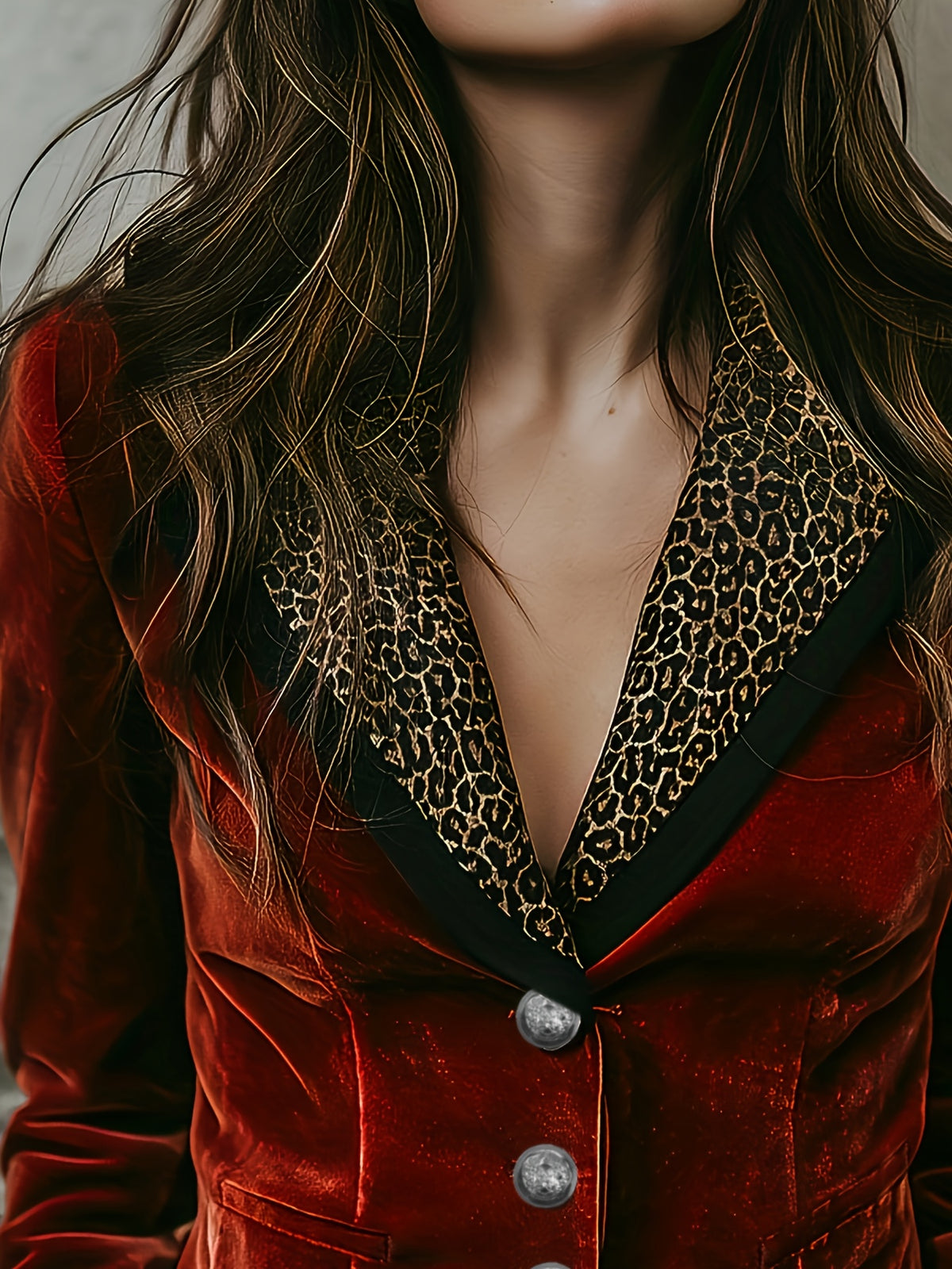 Stijlvolle korte blazer van rood fluweel met print van luipaardmotief op de revers - voor dames