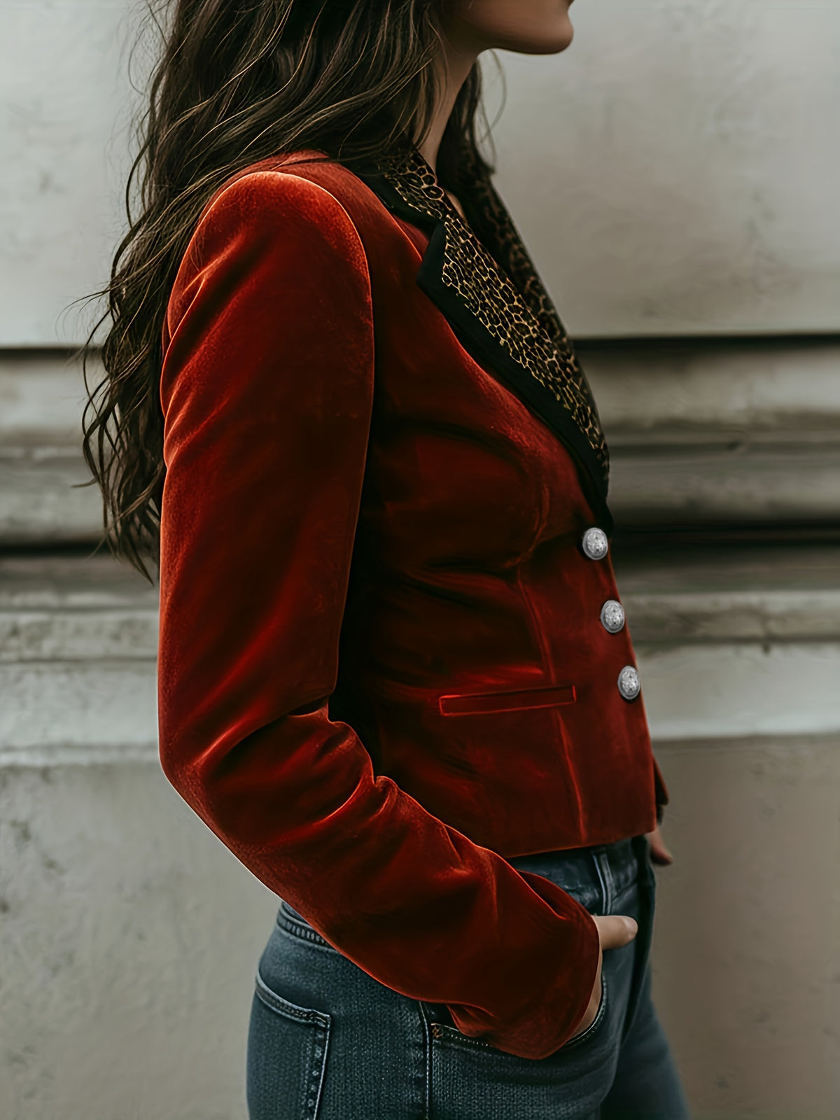 Stijlvolle korte blazer van rood fluweel met print van luipaardmotief op de revers - voor dames
