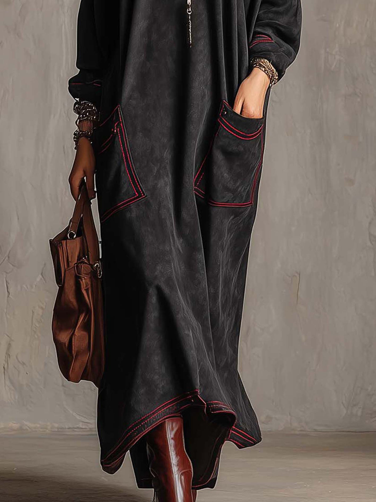 Manuela | Faux Suede Contrast-Stitch Maxi Dress