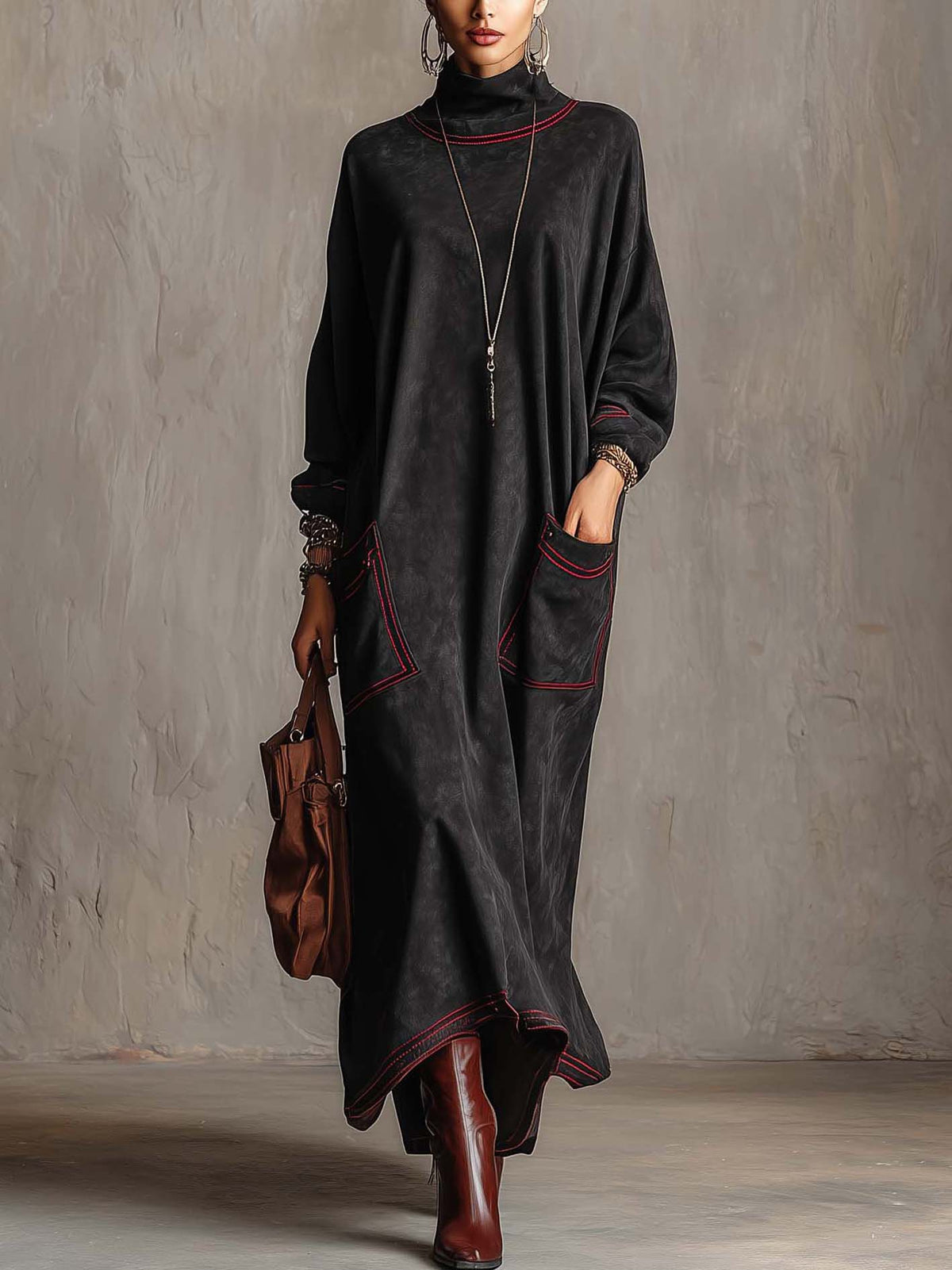 Manuela | Faux Suede Contrast-Stitch Maxi Dress