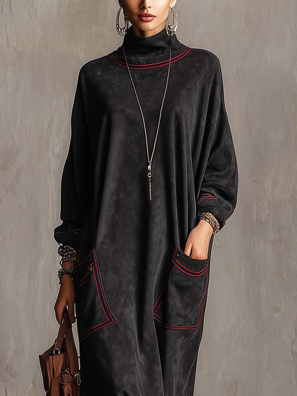 Manuela | Faux Suede Contrast-Stitch Maxi Dress