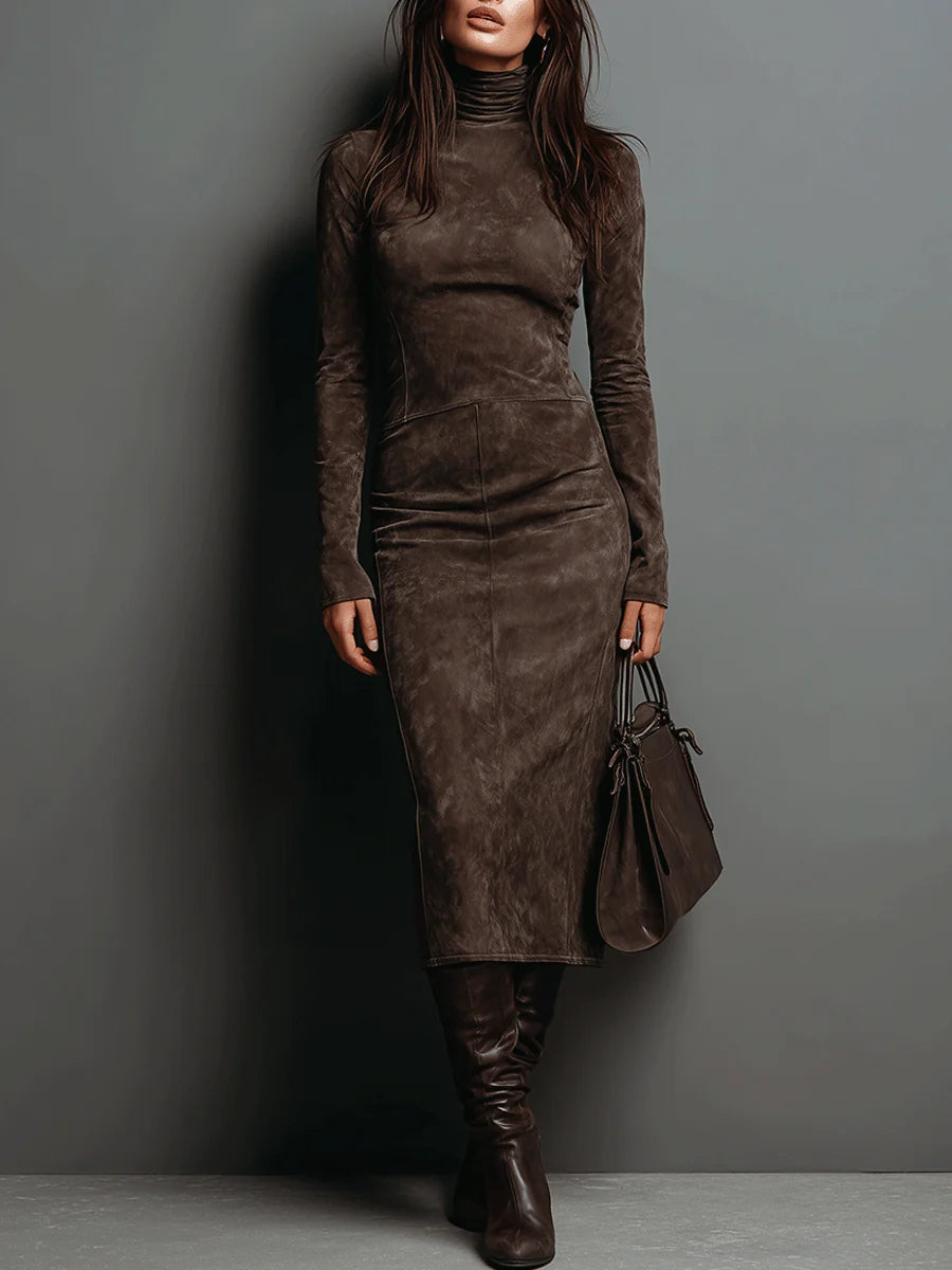 Ava | Faux Suede High-Neck Midi Dress