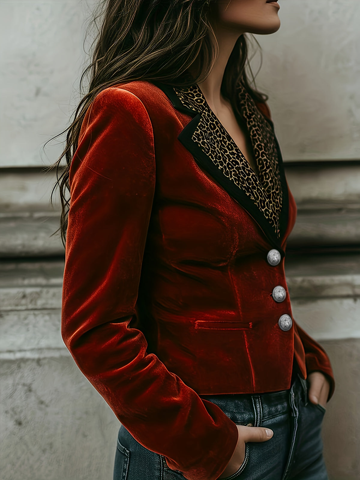Stijlvolle korte blazer van rood fluweel met print van luipaardmotief op de revers - voor dames