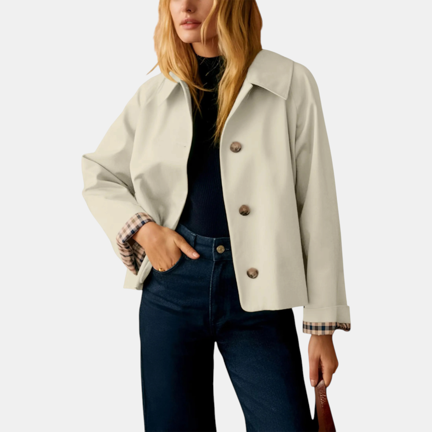 Women's Cropped Trench Coat Lapel Button Front Jacket with Checkered Lining