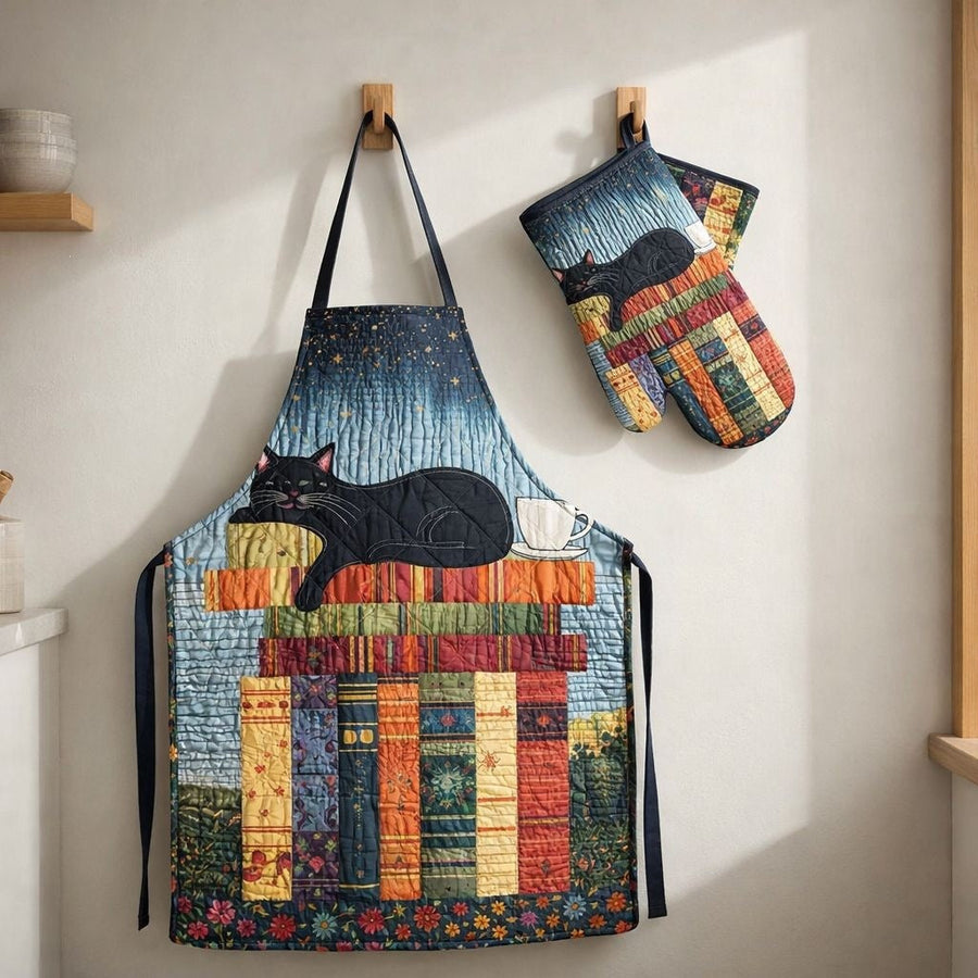 Enid | Black Cat & Books Quilted Apron & Oven Mitt Set
