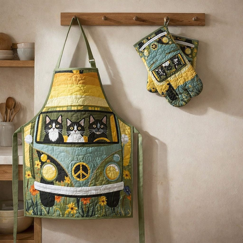 Kittie | Cats & Camper Quilted Apron & Oven Mitt Set