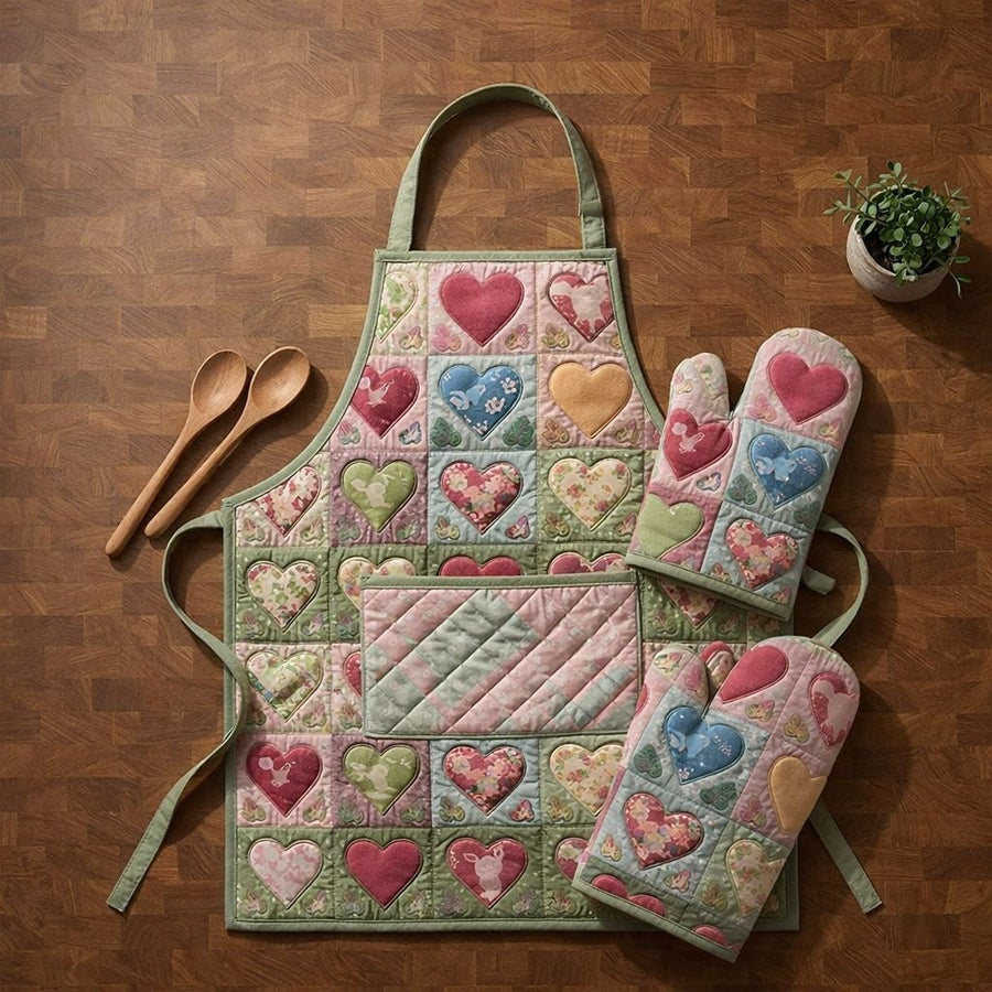 Hettie | Patchwork Hearts Quilted Apron & Oven Mitt Set