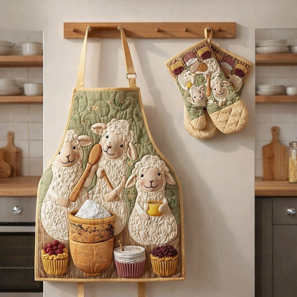 Doris | Sweet Sheep Bakery Quilted Apron & Oven Mitt Set