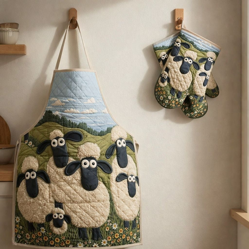 Nettie | Meadow Sheep Quilted Apron & Oven Mitt Set