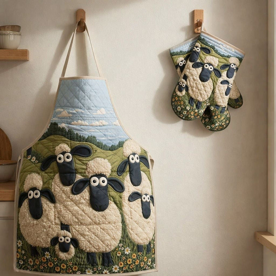 Nettie | Meadow Sheep Quilted Apron & Oven Mitt Set
