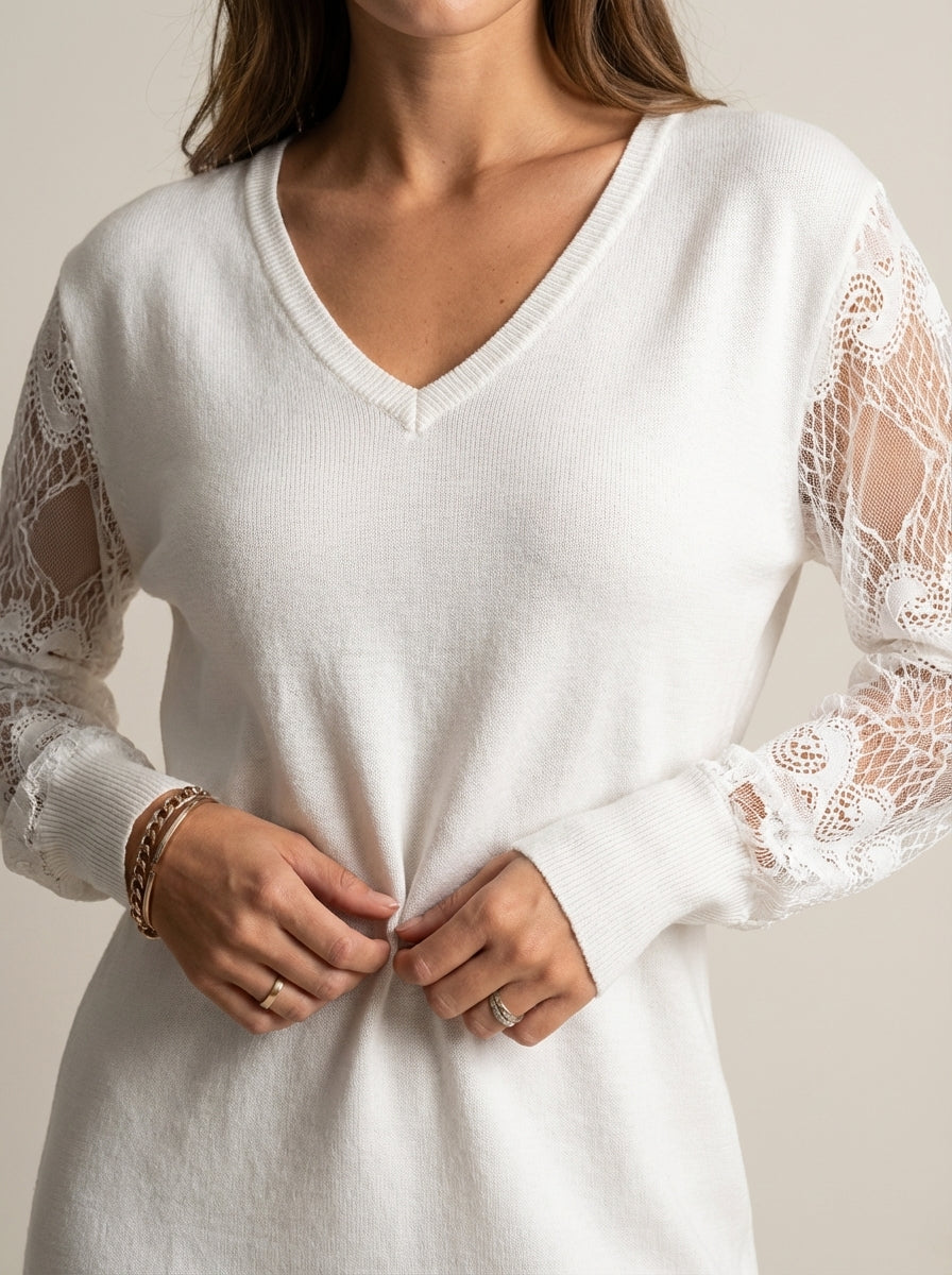 Eva | Elegant V-Neck Dress with Lace Sleeves