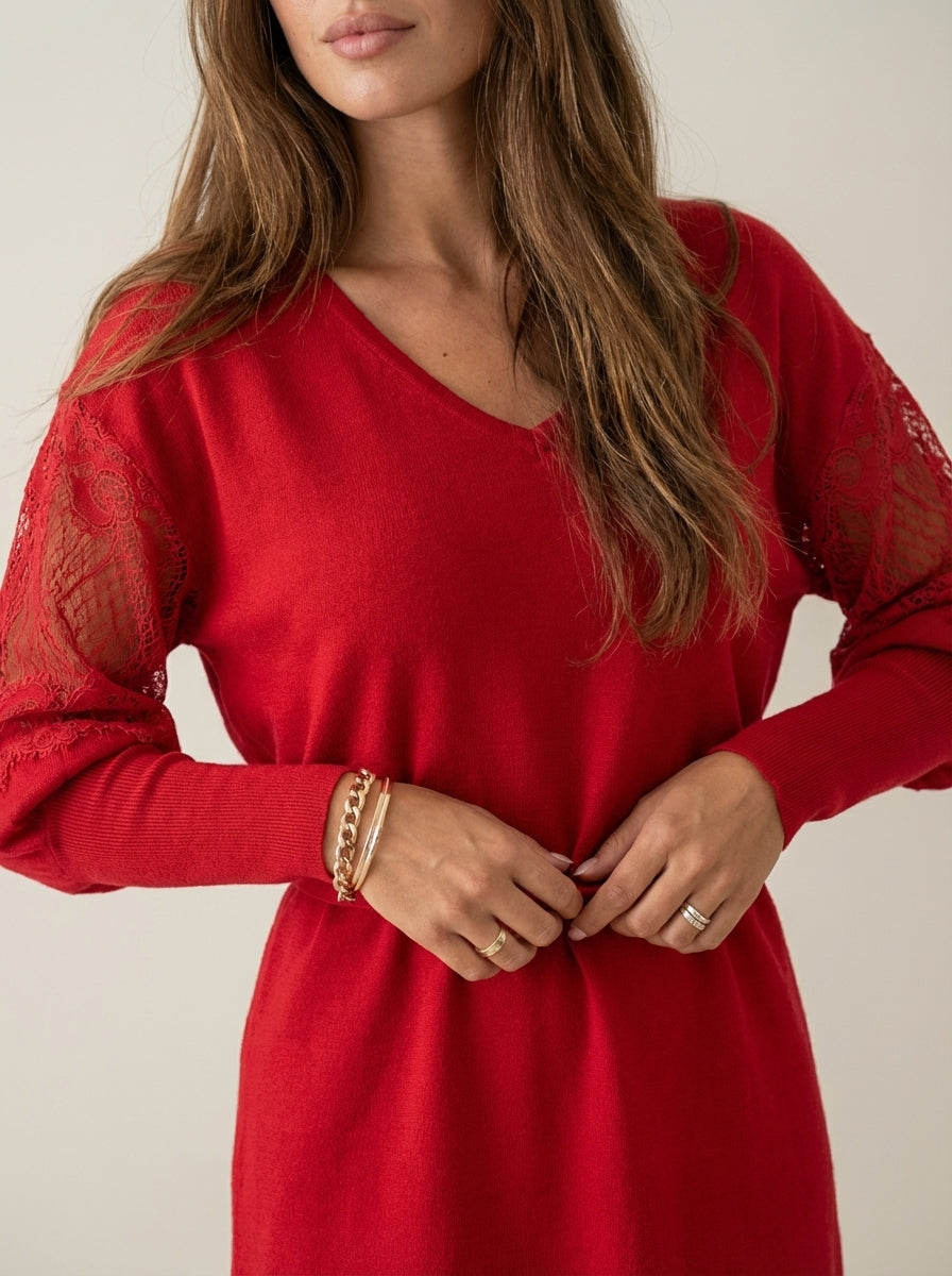 Eva | Elegant V-Neck Dress with Lace Sleeves