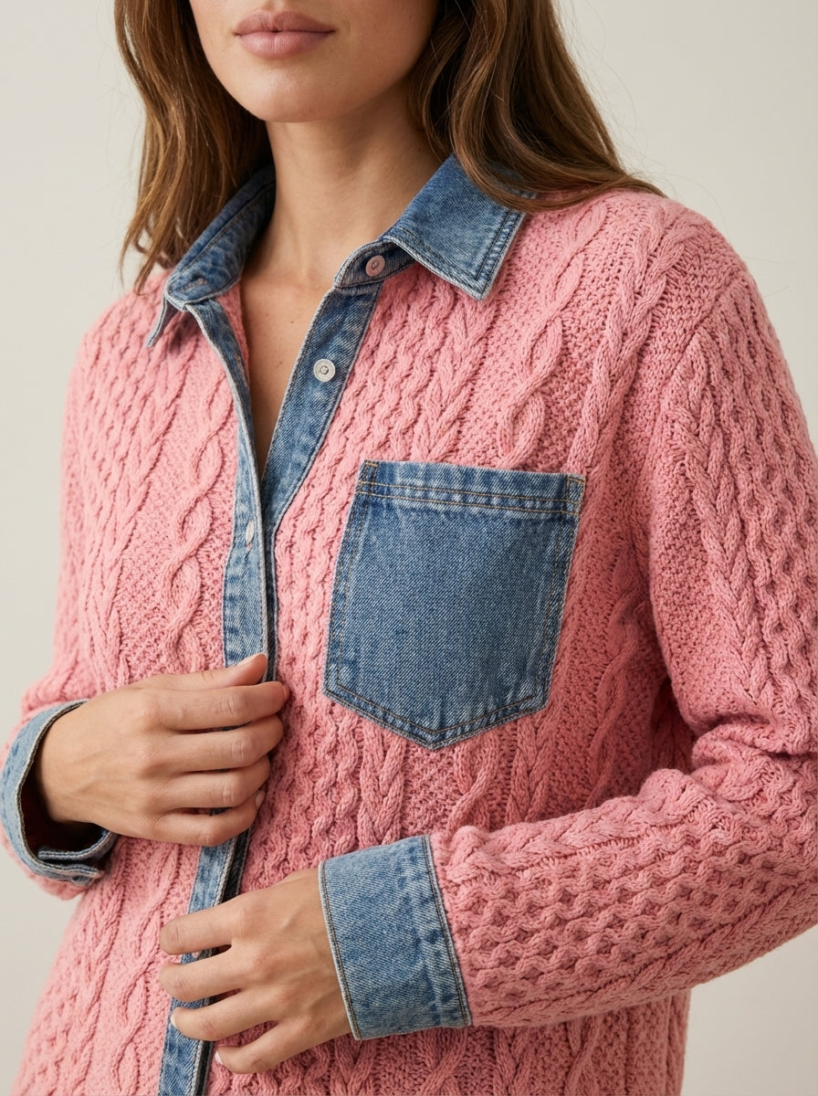 Rebecca | Cable-Pattern Top with Denim Details