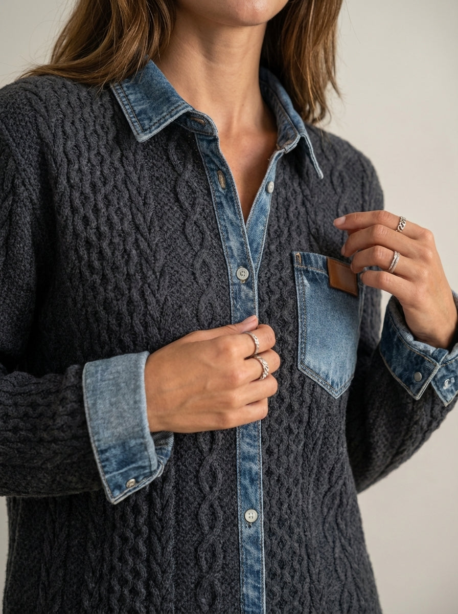 Rebecca | Cable-Pattern Top with Denim Details