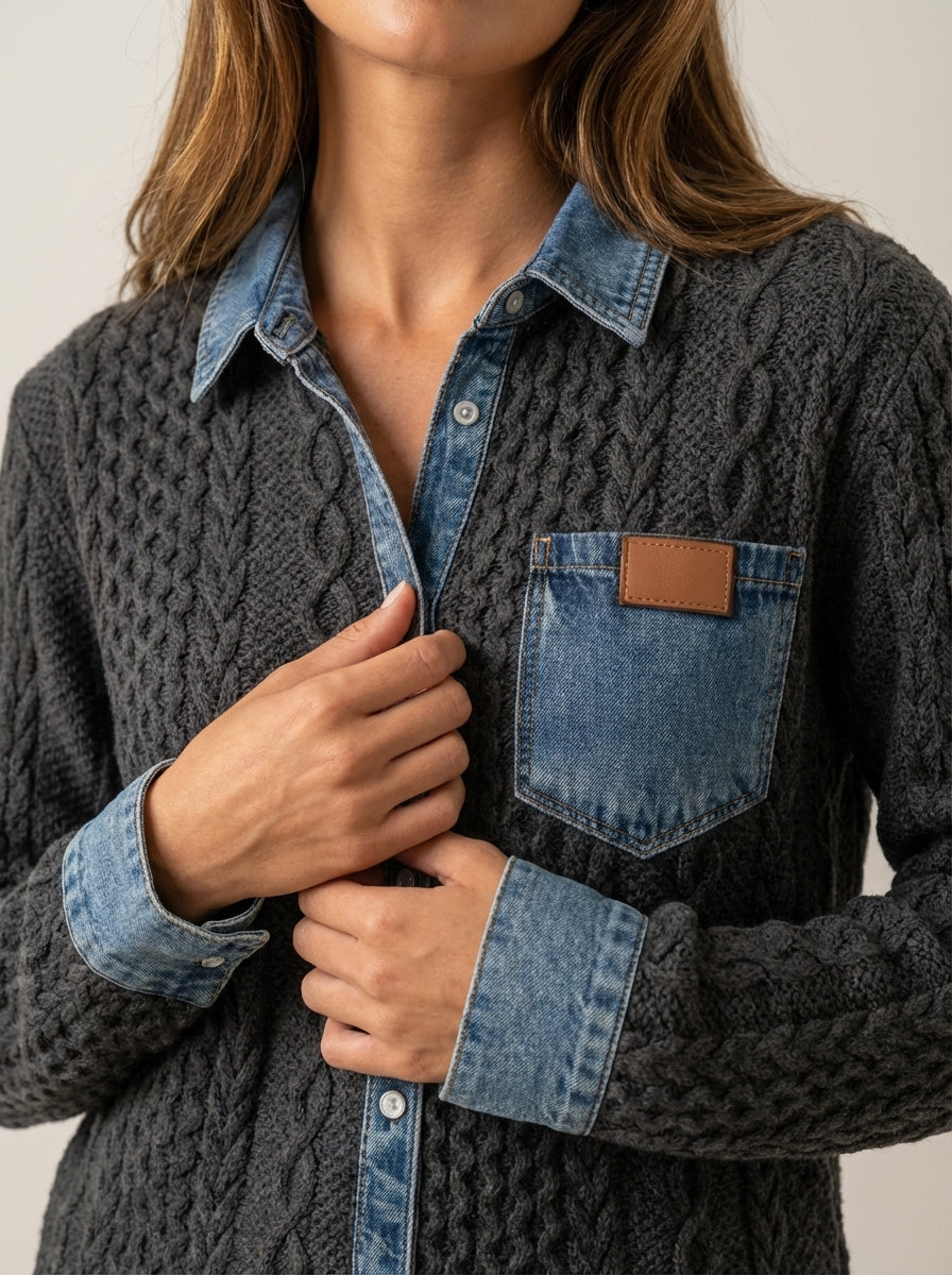 Rebecca | Cable-Pattern Top with Denim Details