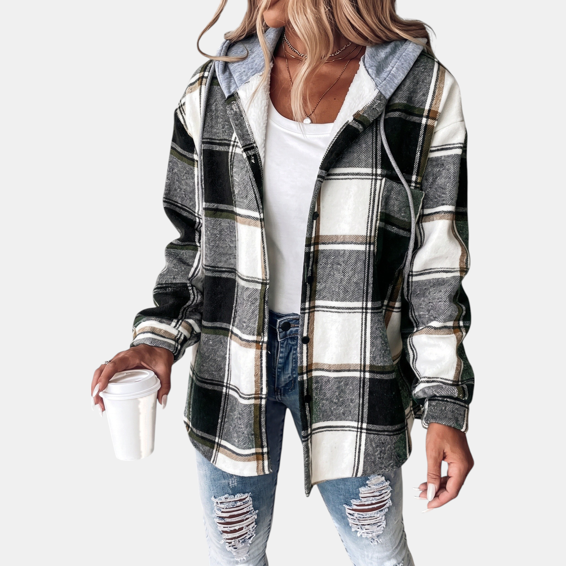 Women's Hooded Button Front Plaid Shacket Jacket
