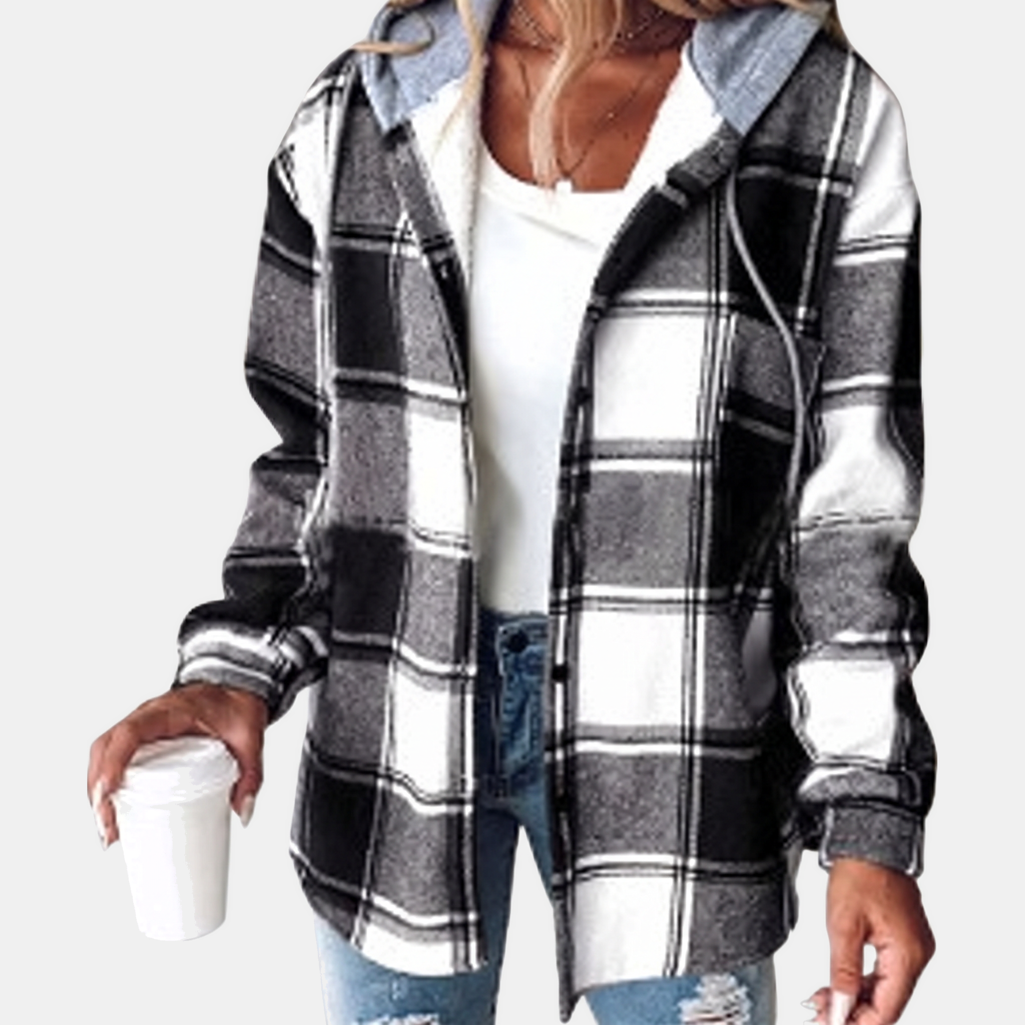 Women's Hooded Button Front Plaid Shacket Jacket