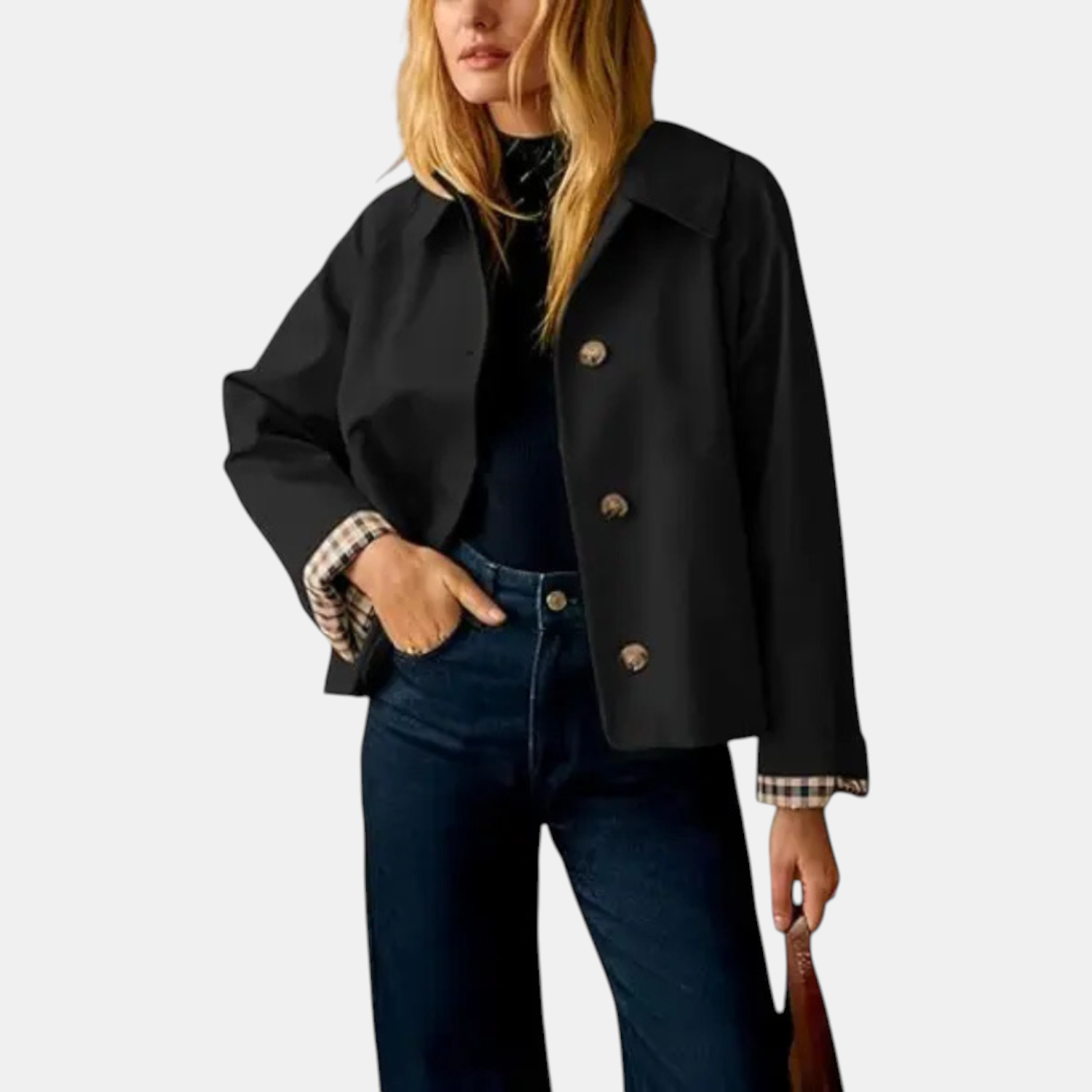 Women's Cropped Trench Coat Lapel Button Front Jacket with Checkered Lining