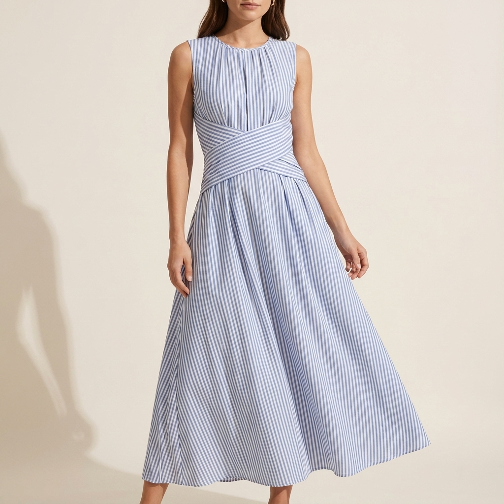 Liza | Blue and White Stripe Midi Dress