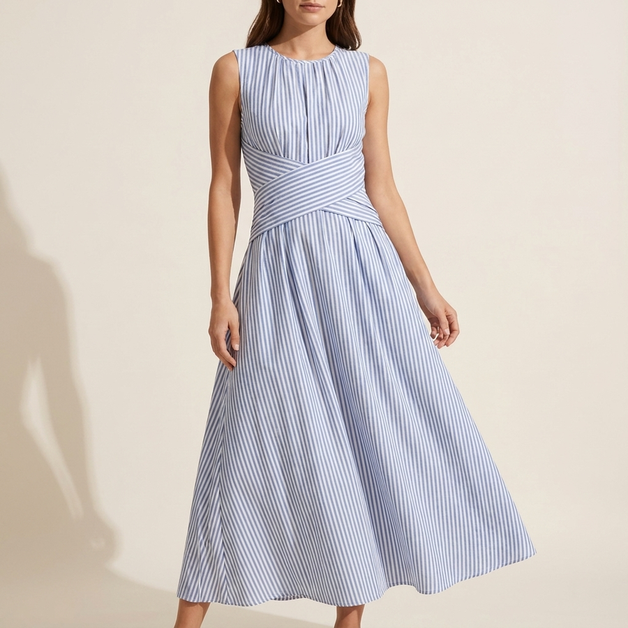 Liza | Blue and White Stripe Midi Dress